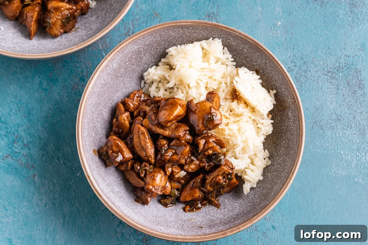 15-Minute Shanghai-Style Chicken Stir-Fry Recipe 5 A dish of Shanghai chicken and rice from above on a blue background