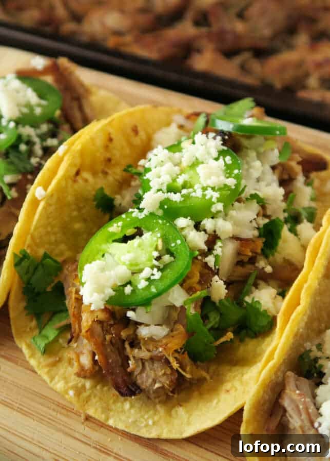 Crockpot or Instant Pot Carnitas: Mexican Pulled Pork Recipe 9 closeup of Carnitas Tacos
