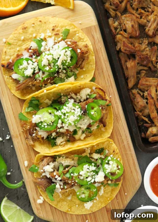 Crockpot or Instant Pot Carnitas: Mexican Pulled Pork Recipe 3 overhead shot of Carnitas Tacos