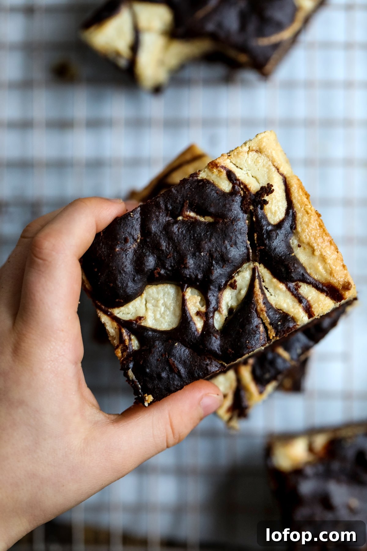 A hand presenting a decadent chocolate brownie, highlighting its moist appearance and chocolatey surface.