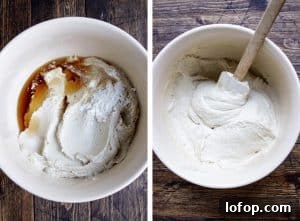 Two images of a bowl filled with vegan whipped cream cheese alongside a spoon resting on the edge of the bowl.
