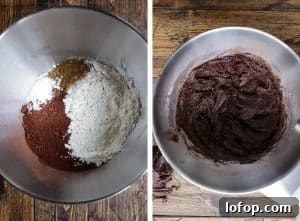 Two images showing rich chocolate and brownie batter in a mixing bowl, highlighting their smooth, glossy textures.