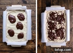Two images of a chocolate cake topped with rich frosting, showcasing its layers and texture.