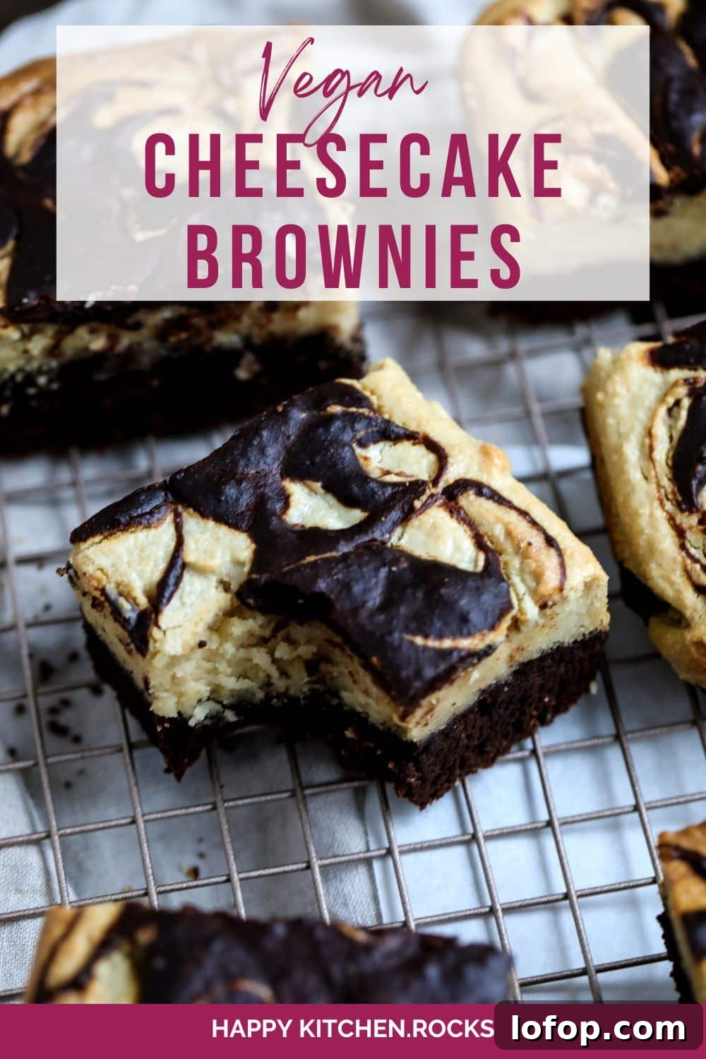 Pinterest Collage of rectangular pieces of cheesecake brownies with a marbled chocolate and cream cheese pattern are placed on a metal cooling rack.