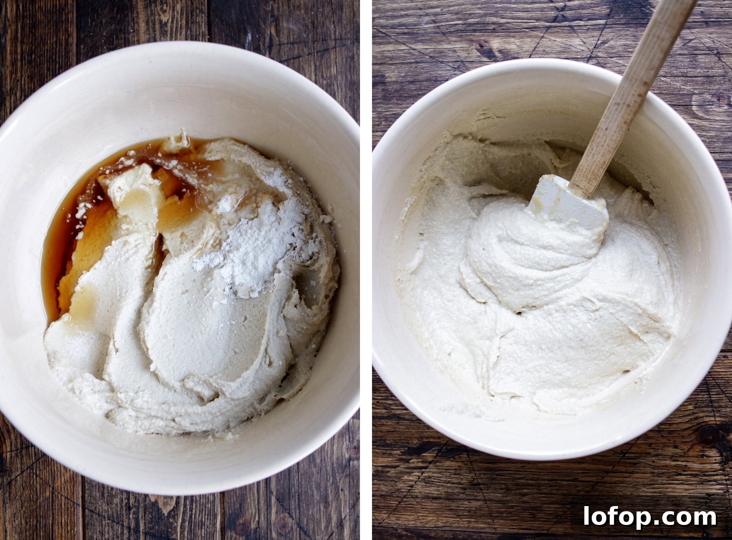 Two images of a bowl filled with vegan whipped cream cheese alongside a spoon resting on the edge of the bowl.