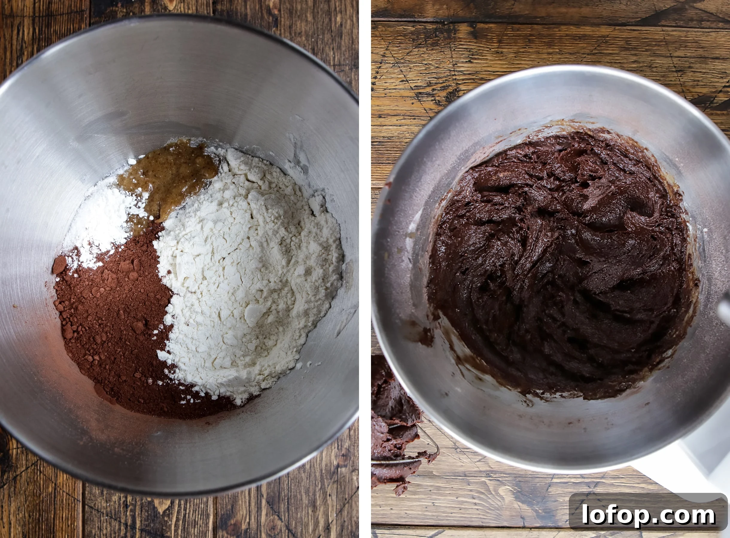 Two images showing rich chocolate and brownie batter in a mixing bowl, highlighting their smooth, glossy textures.