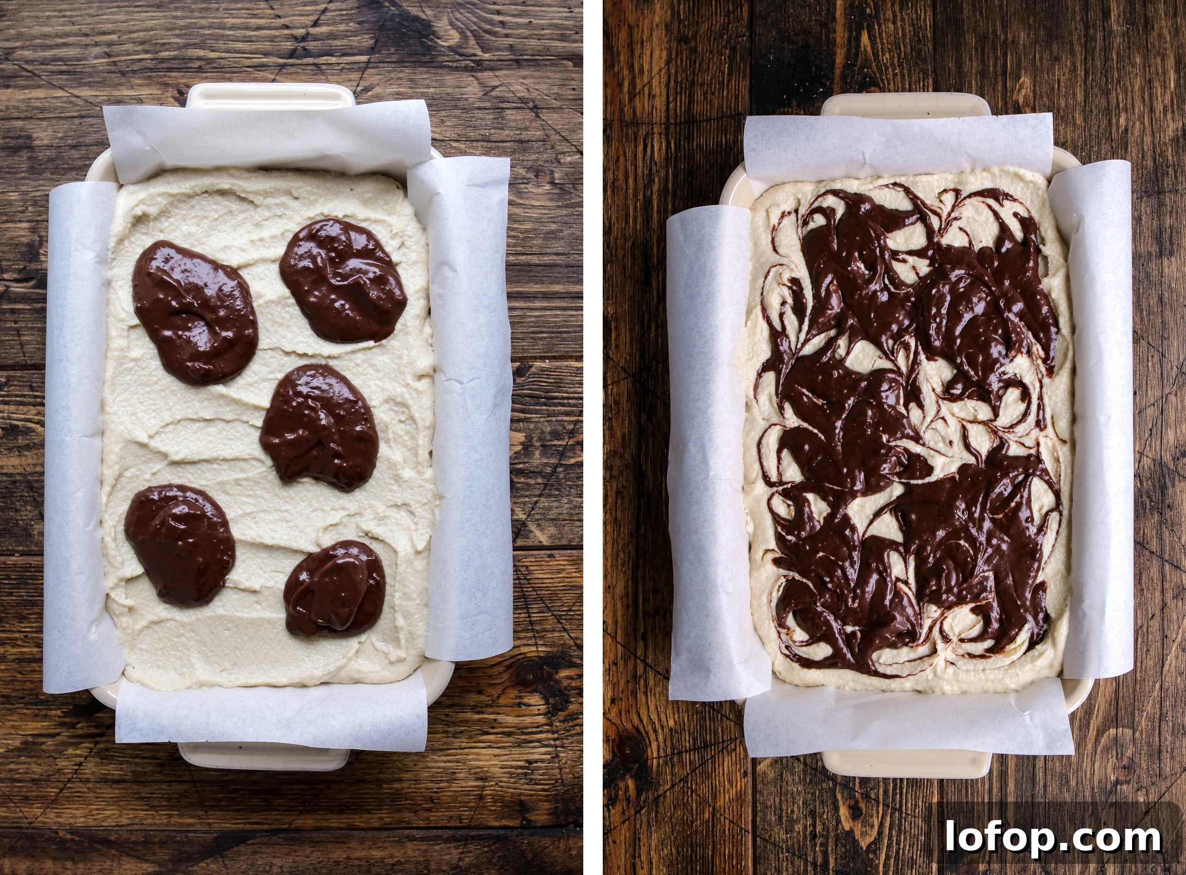 Two images of a chocolate cake topped with rich frosting, showcasing its layers and texture.