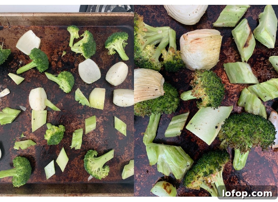 Roasted Broccoli Soup Recipe: Creamy Oven-Roasted Broccoli Bowl 4 a photo collage of broccoli on roasting trays