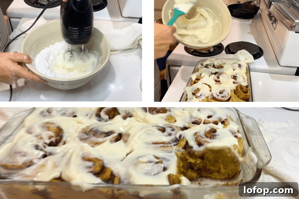 Soft Sourdough Pumpkin Cinnamon Rolls Recipe for Fall Baking 11 make cream cheese frosting and ice sourdough pumpkin cinnamon rolls