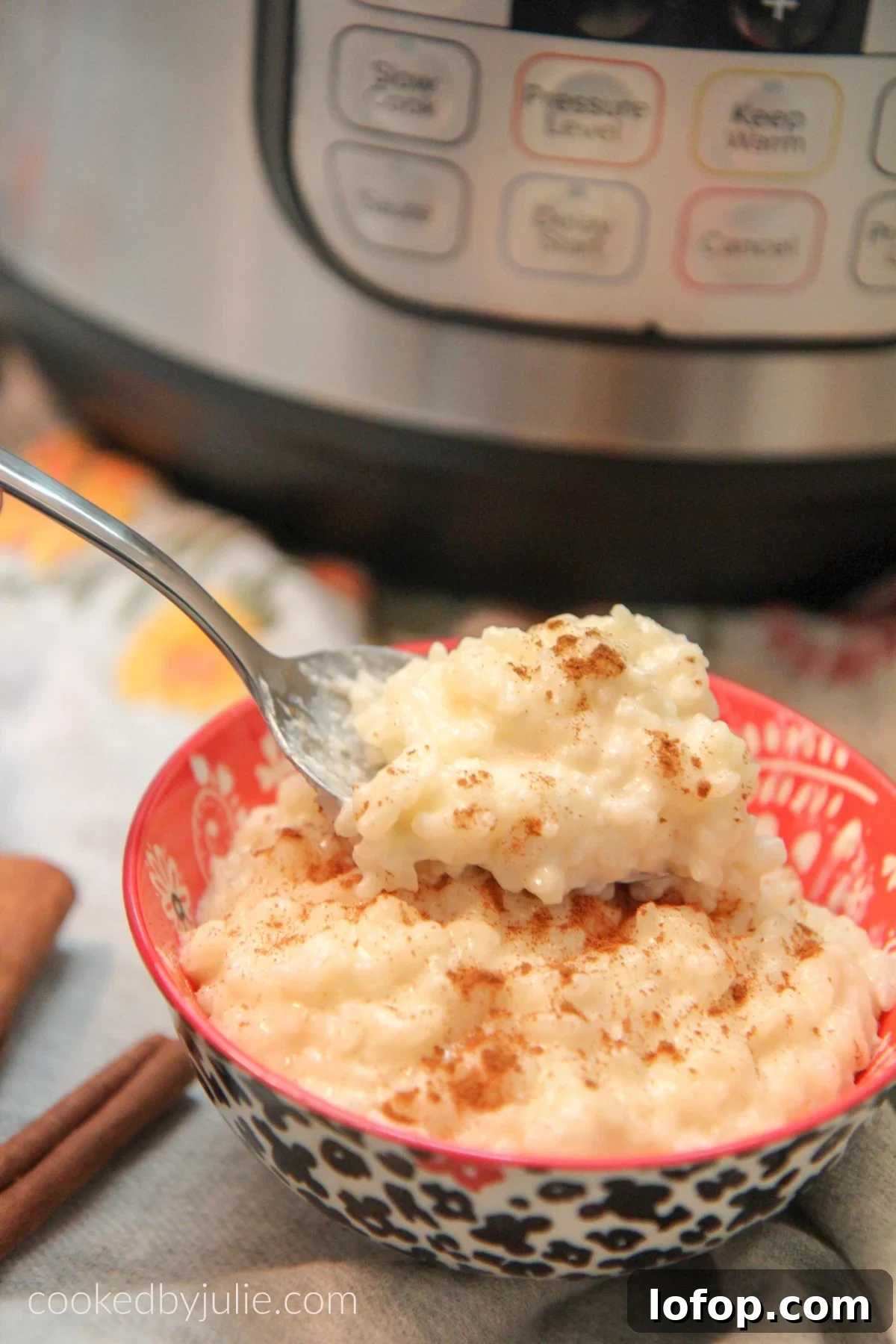 spoonful of rice pudding up close. 