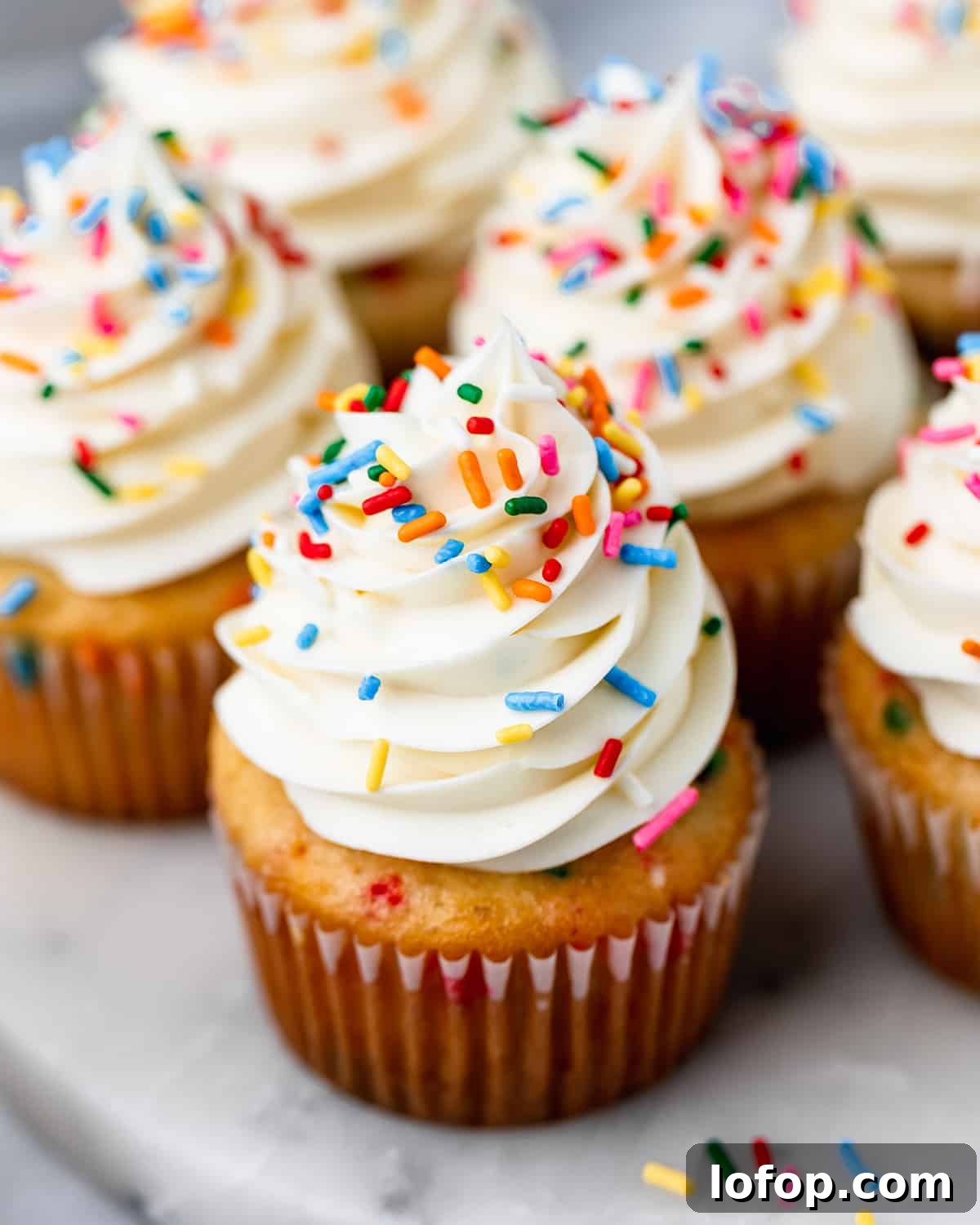 5 frosted funfetti cupcakes with sprinkles