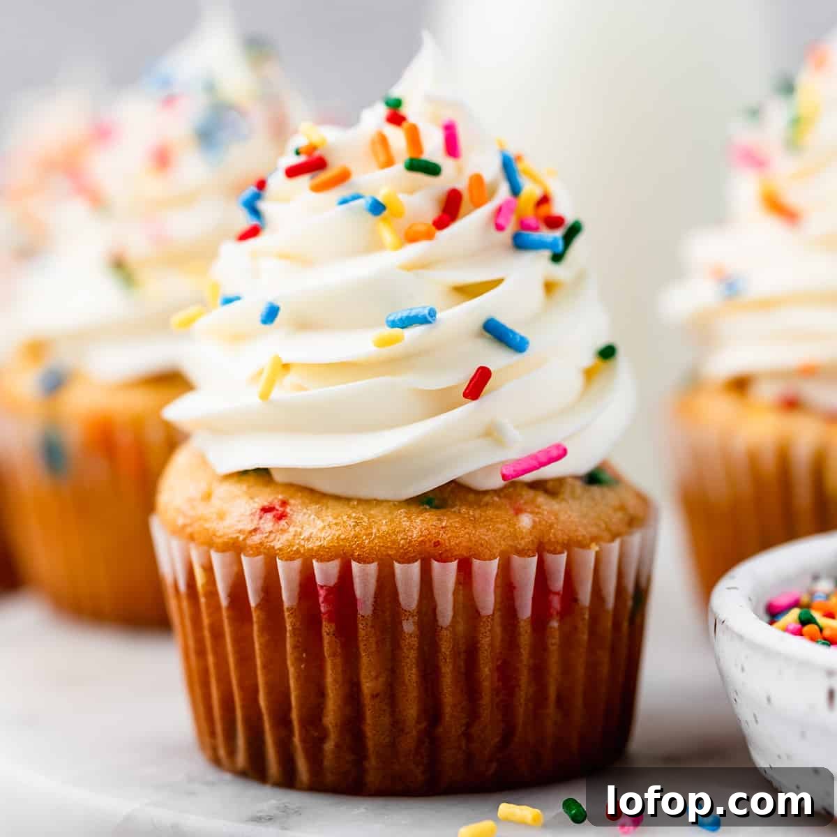 Funfetti Cupcakes with vanilla frosting and sprinkles