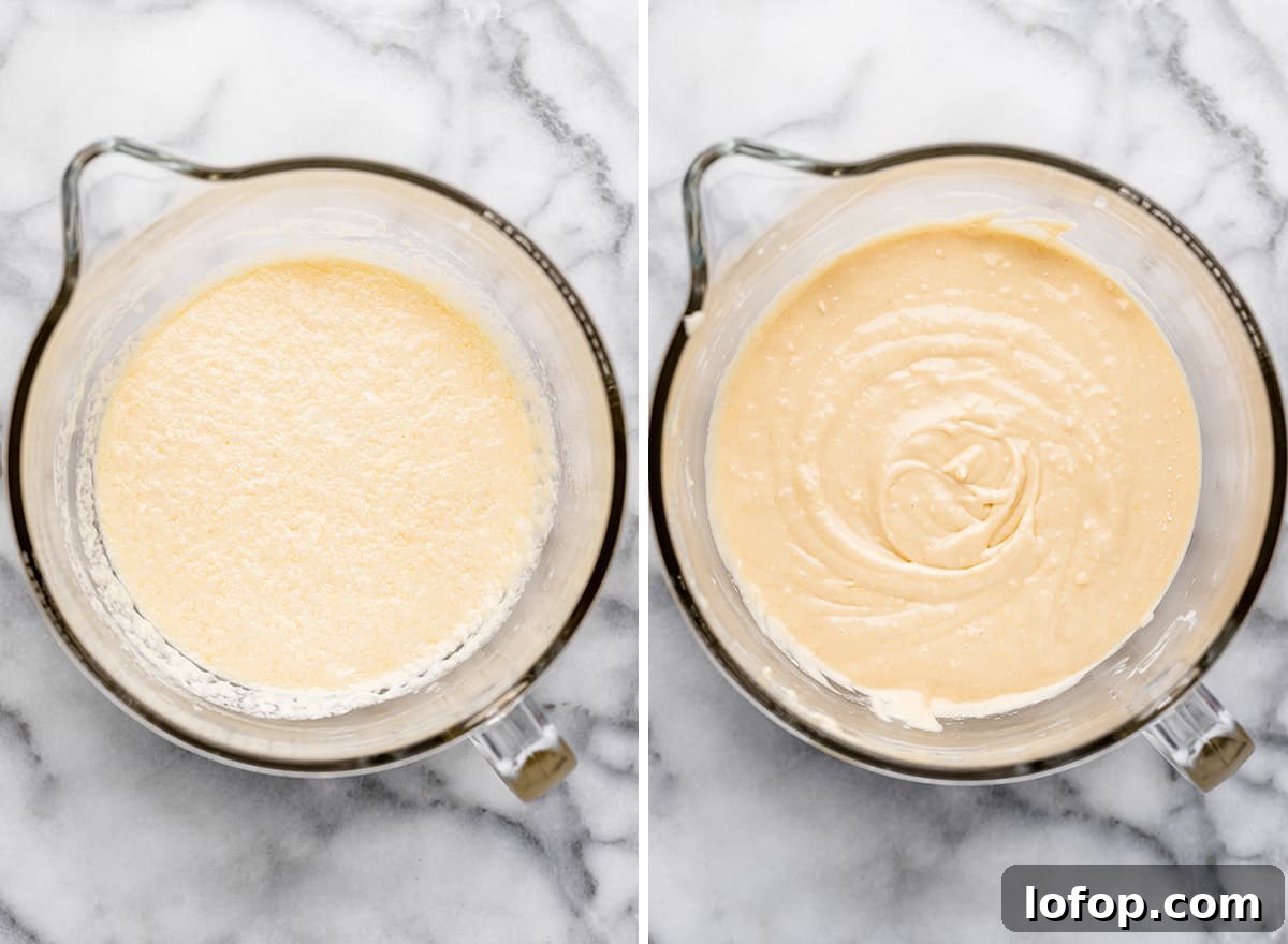 How to Make Funfetti Cupcakes from Scratch - batter after adding sour cream, milk, oil and flour.