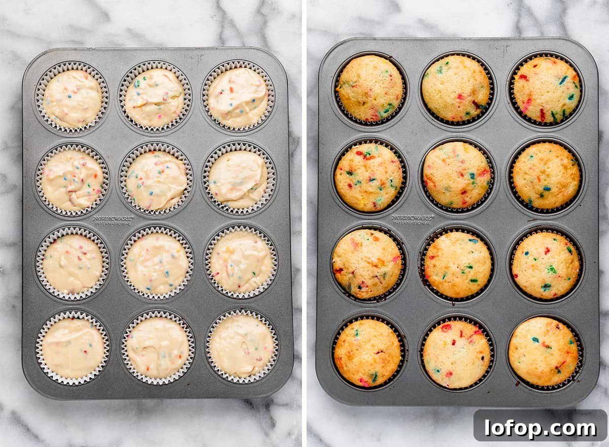 two photos showing How to Make Funfetti Cupcakes from Scratch - in a cupcake pan before and after baking