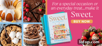 A cookbook titled Sweet by Beth Baumgartner is surrounded by images of cakes, cookies, cupcakes, and chocolate-dipped strawberries.
