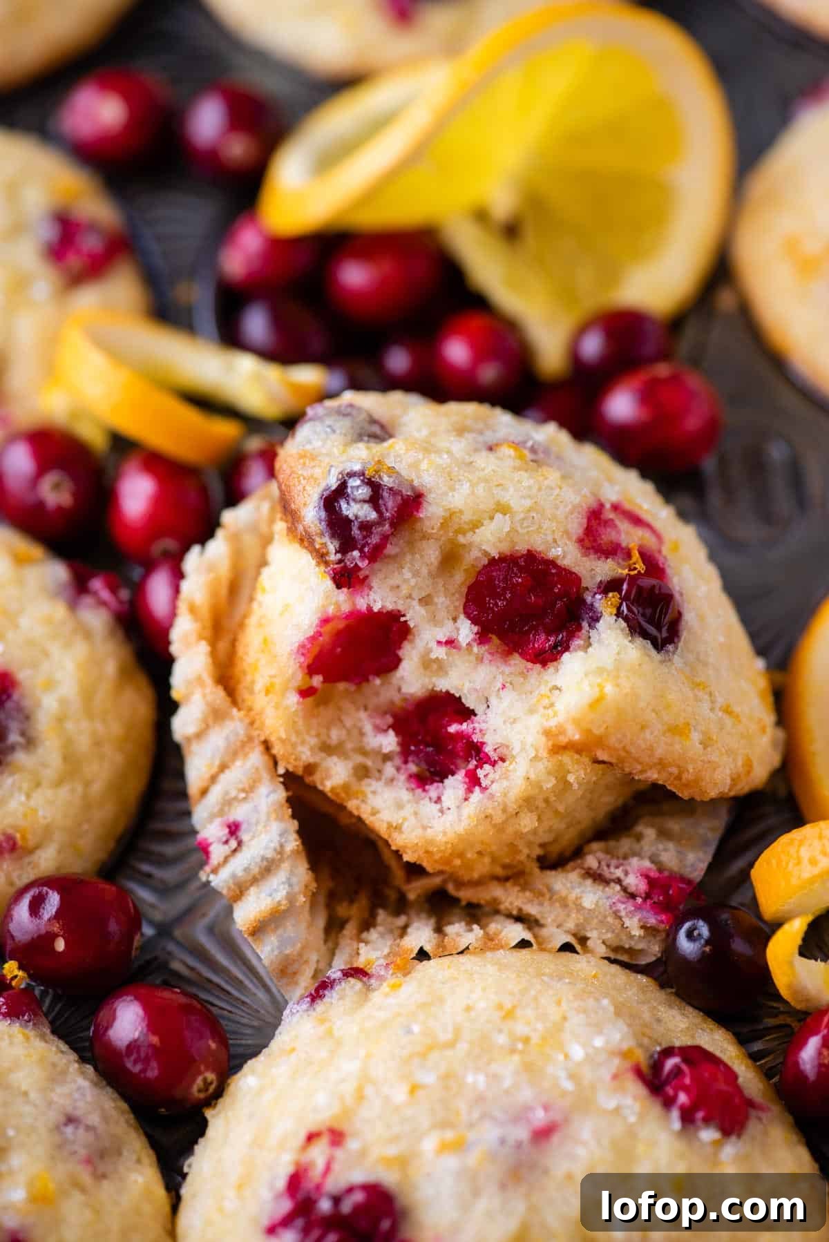 Close up of a cranberry muffin with a bite missing