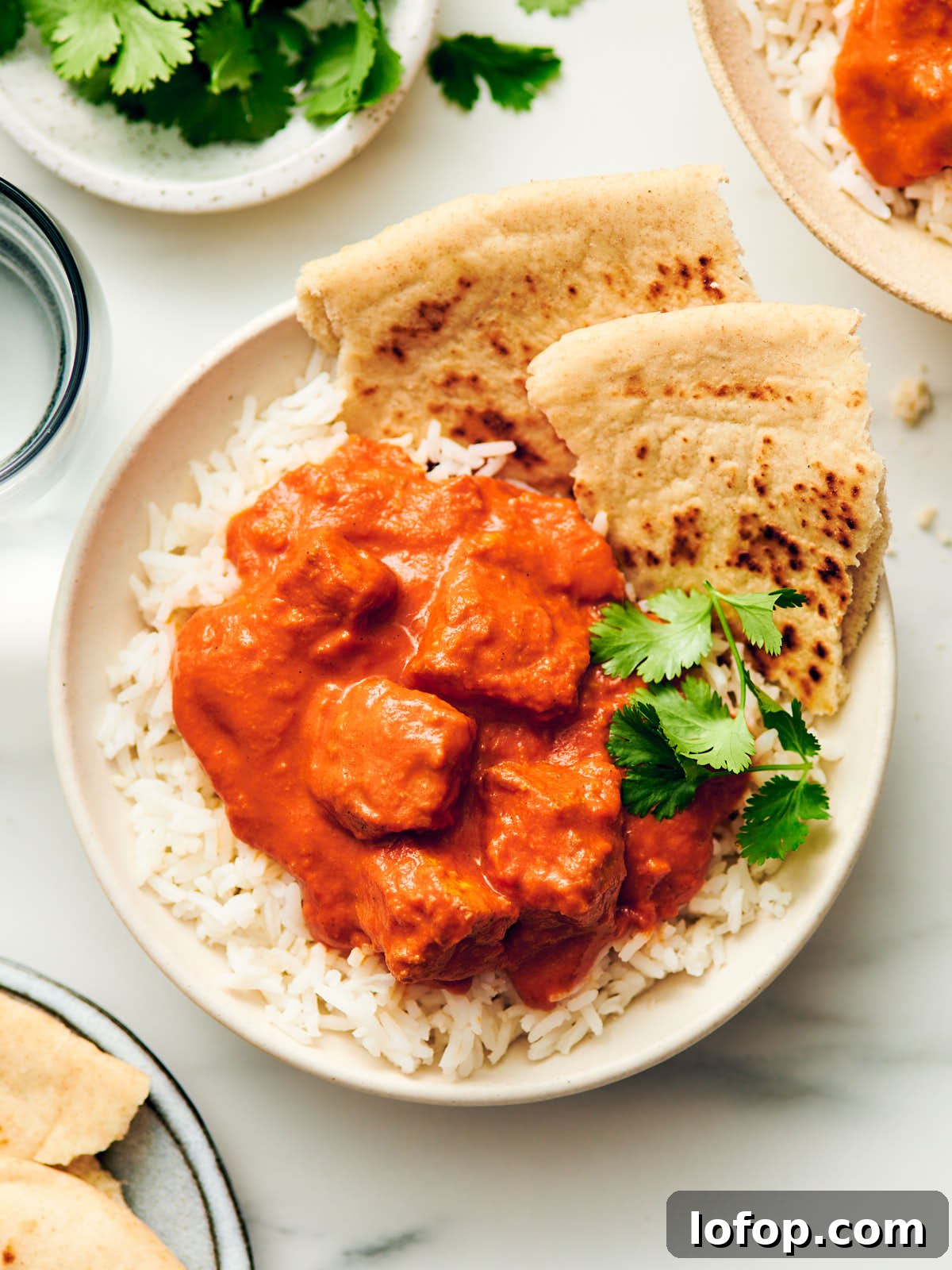 Vegetarian Butter Chicken in a bowl with rice, naan, and cilantro.