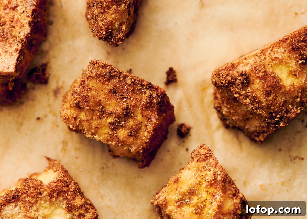 Baked and seasoned tofu golden brown after baking.