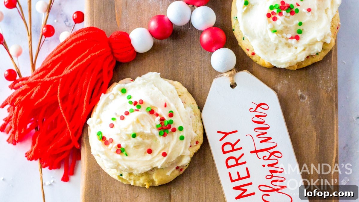 Funfetti Cake Mix Cookie Recipe for Soft, Chewy Treats 6 cake mix cookies with christmas sprinkles and frosting on cutting board