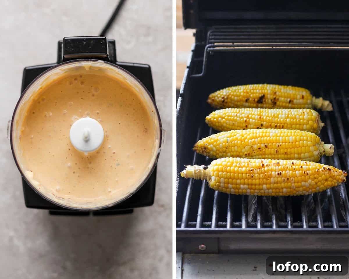 Grilled Steak Tacos with Chipotle-Lime Sauce 4 Two images showing the chipotle lime sauce in a small food processor and corn on the grill.