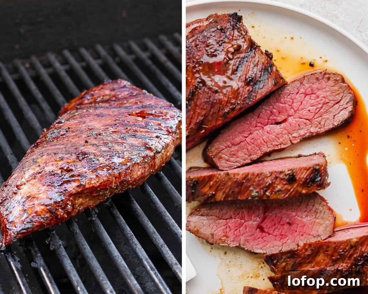 Grilled Steak Tacos with Chipotle-Lime Sauce 5 Two images showing the tri tip steak on the grill and sliced on a white plate.