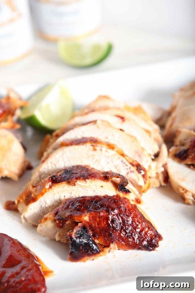 Spicy Chipotle-Lime Beer Can Chicken Recipe 6 sliced chicken on with lime wedges