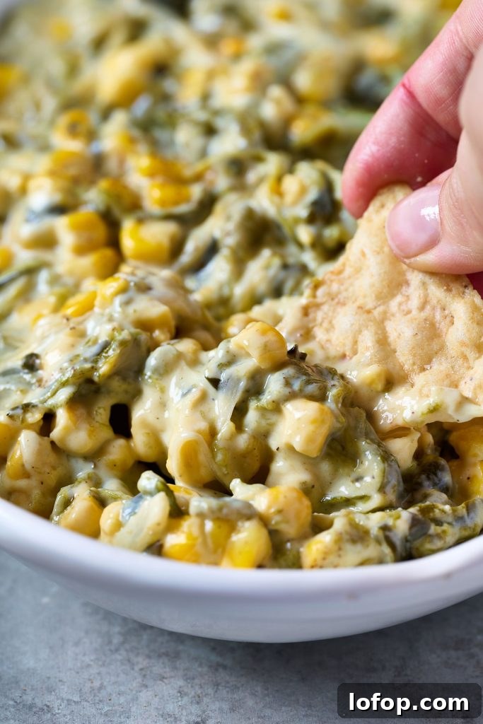 Dipping and scooping cheesy Mexican rajas con crema with a tortilla chip.