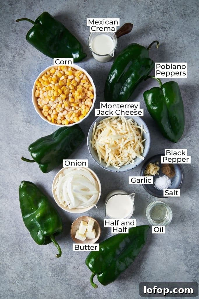 Ingredients to make poblano rajas con crema