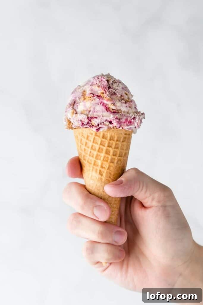 Hand holding ice cream cone.