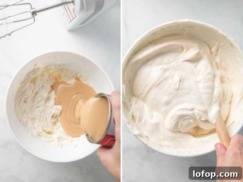 Sweetened condensed milk is poured over softened cream cheese, then the mixture is folded into the whipped cream.