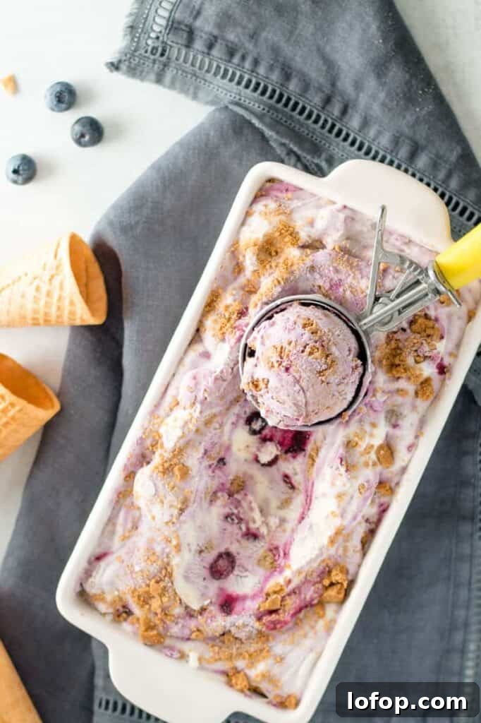 Blueberry cheesecake no churn ice cream in a loaf pan, a scoop in a yellow ice cream scoop is resting on the ice cream.
