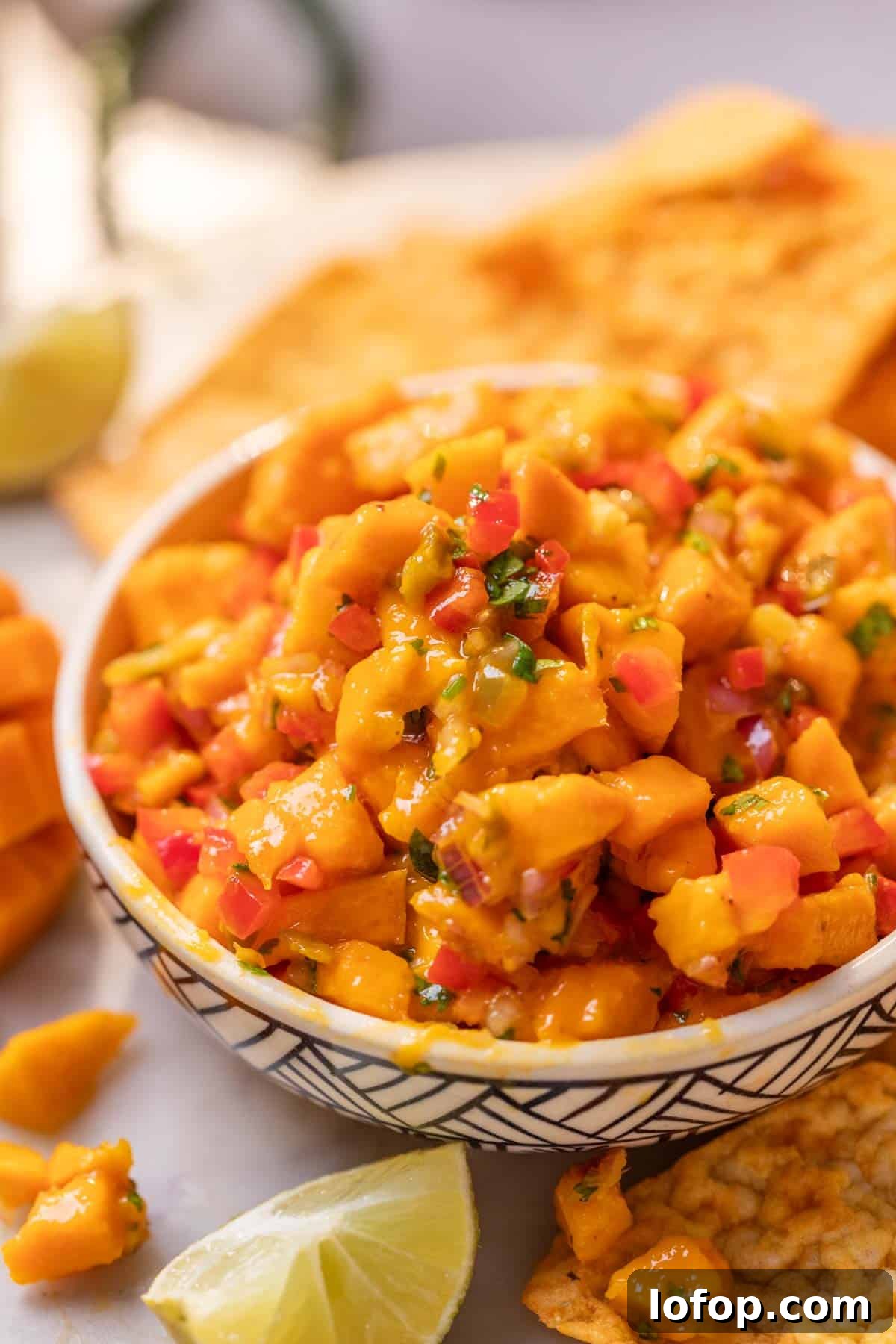 Fresh Mango Salsa Recipe: Tangy, Sweet, and Perfect for Chips 2 close up of mango salsa to show it's fresh and juicy texture