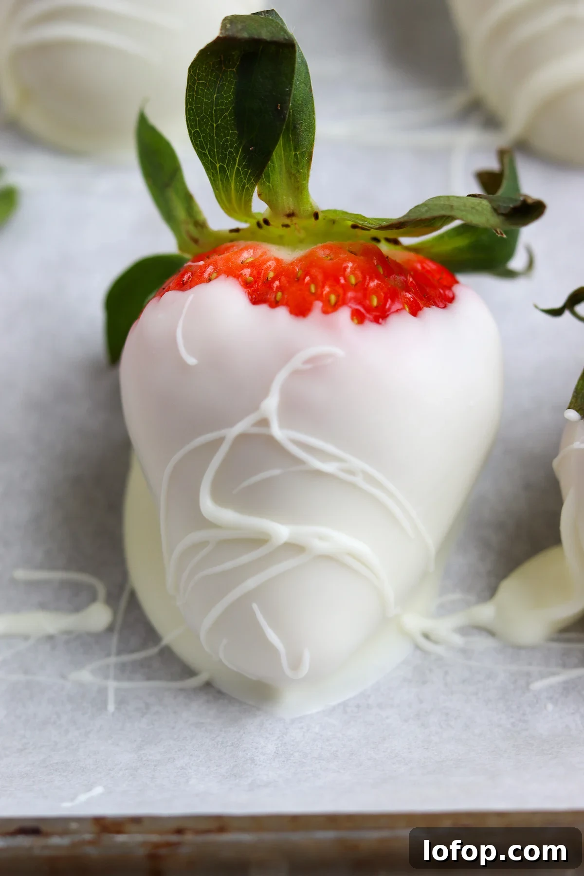A close-up of a large strawberry dipped in smooth white chocolate with a decorative drizzle.