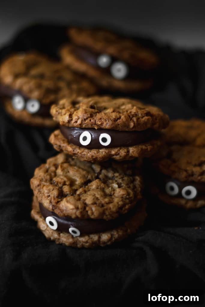 Quick Halloween Cookie Recipes: Festive Spooky Treats in Minutes 4 Chocolate fudge sandwiched between two oatmeal cookies make for a delicious and spooky treat!