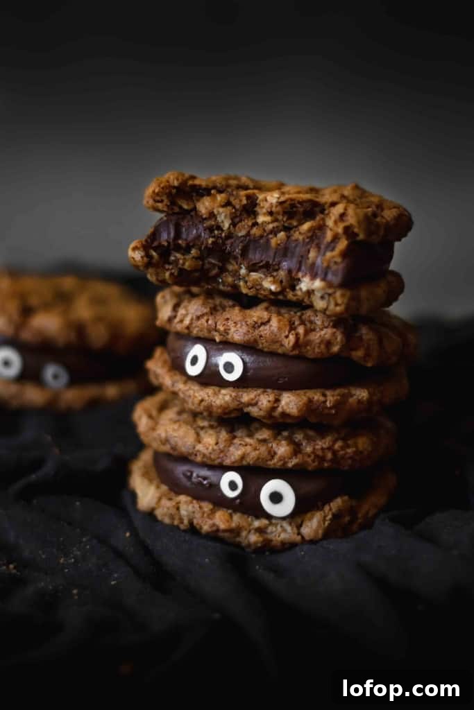 Quick Halloween Cookie Recipes: Festive Spooky Treats in Minutes 7 Chocolate fudge sandwiched between two oatmeal cookies make for a delicious and spooky treat!