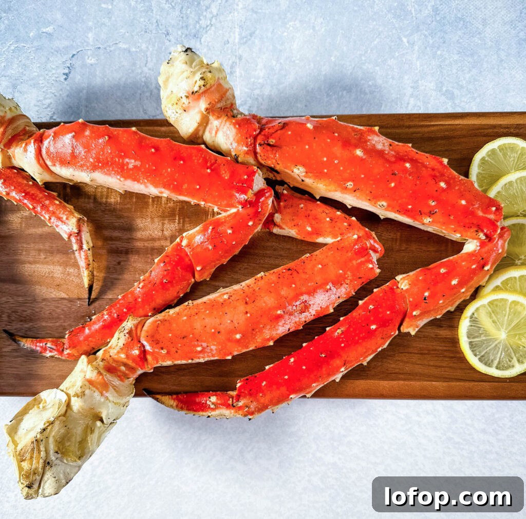 Garlic Butter Grilled King Crab Legs Recipe 7 grilled crab legs on a wooden board with fresh lemon