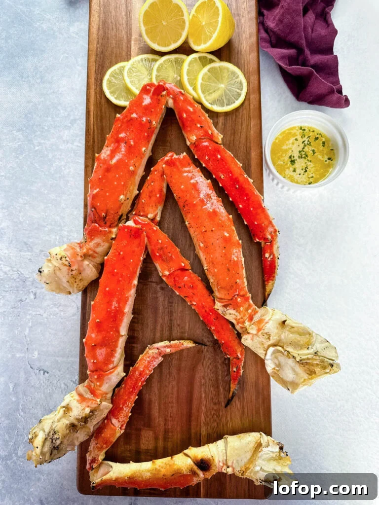 Garlic Butter Grilled King Crab Legs Recipe 8 grilled crab legs on a wooden board with fresh lemon