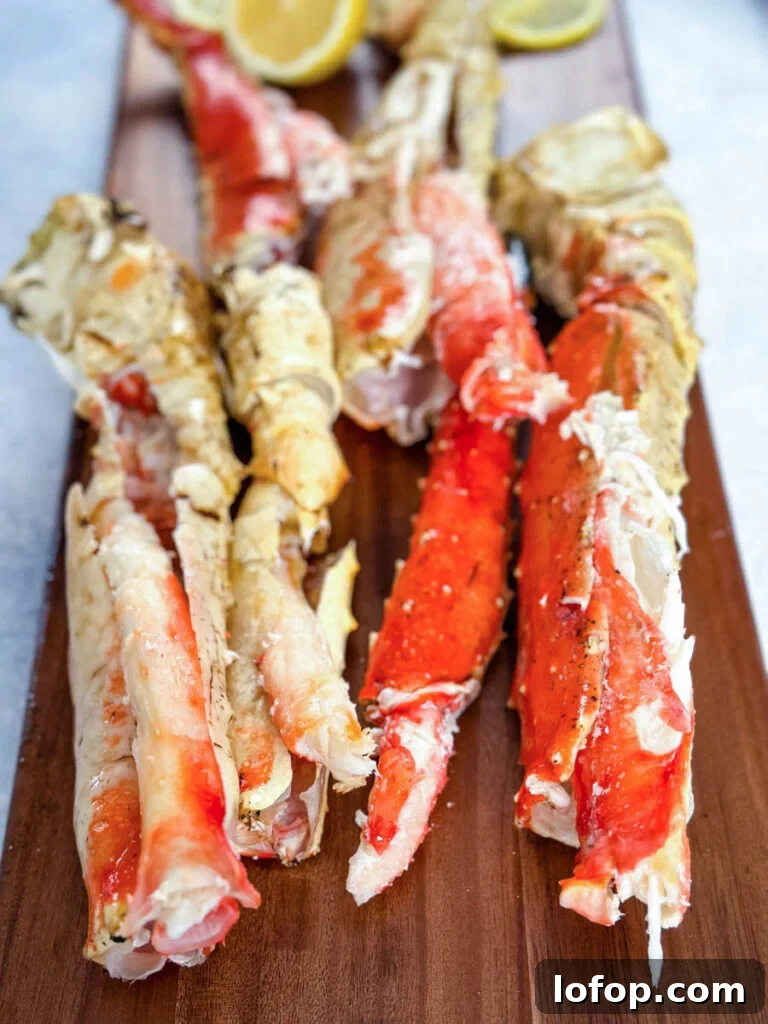 Garlic Butter Grilled King Crab Legs Recipe 9 cracked and split king crab legs on a wooden board