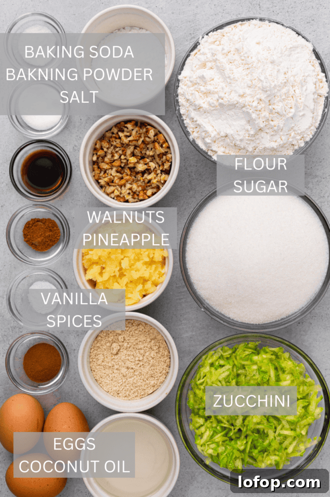 Ultra-Moist Gluten-Free Zucchini Bread with a Secret Ingredient 4 top down image of ingredients for gluten free zucchini bread with labels over each ingredient