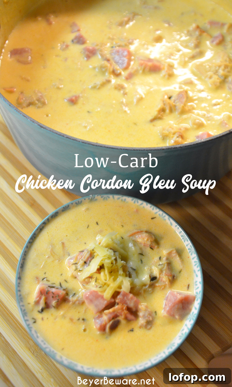 Low-Carb Chicken Cordon Bleu Soup Recipe for Keto Dinner 2 Low-Carb chicken cordon bleu soup combines shredded chicken with cream cheese, herbs and spices and broth to make this rich and creamy keto soup.