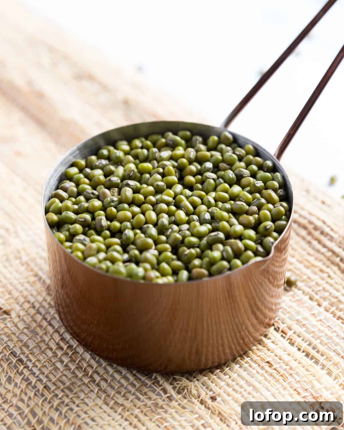 Perfect Instant Pot Mung Beans: Tender, Flavorful Every Time 2 Image showing a copper cup measure filled with dried whole mung beans, sitting on a woven bamboo mat.