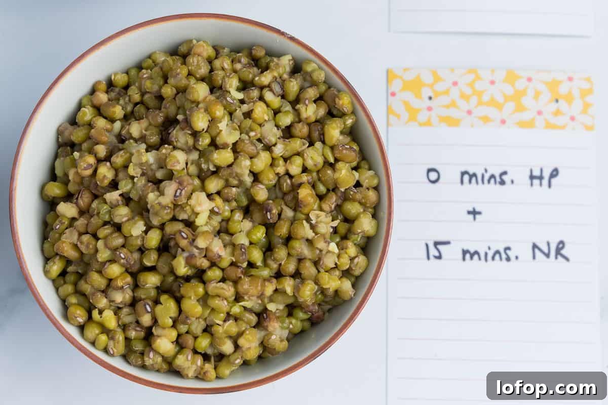Perfect Instant Pot Mung Beans: Tender, Flavorful Every Time 11 Photo showing a bowl of mung beans cooked for 0 minutes high pressure plus 15 minutes natural release.