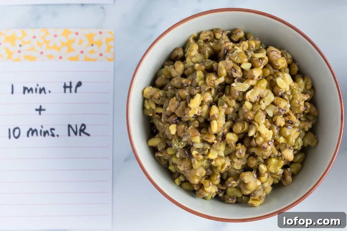 Perfect Instant Pot Mung Beans: Tender, Flavorful Every Time 12 Photo showing a bowl of mung beans cooked for 1 minutes high pressure plus 10 minutes natural release.