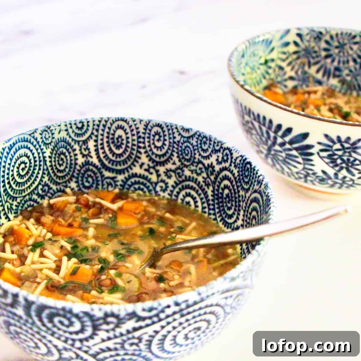 Perfect Instant Pot Mung Beans: Tender, Flavorful Every Time 15 Two blue and white decorated bowls containing veggie noodle soup.