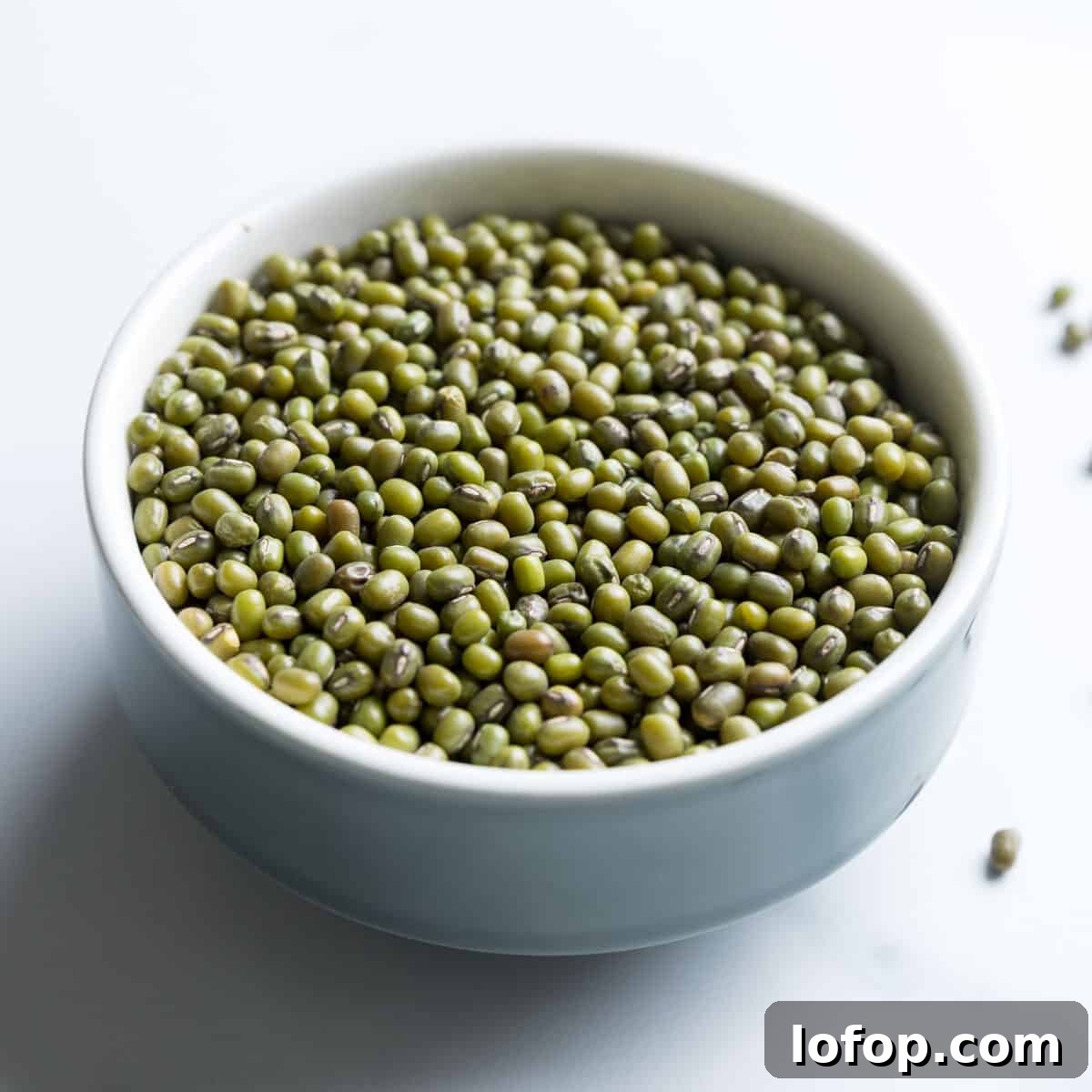 Perfect Instant Pot Mung Beans: Tender, Flavorful Every Time 4 photo showing a blue bowl full of mung beans on a white marble surface.