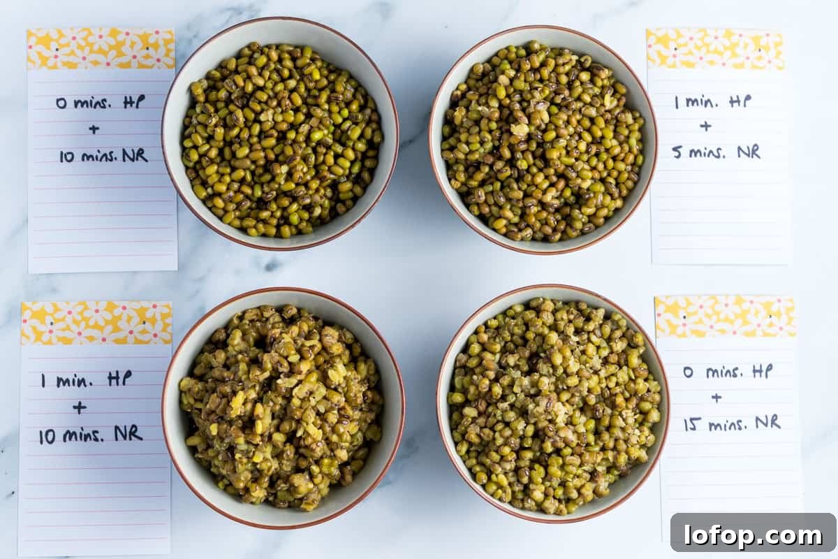Perfect Instant Pot Mung Beans: Tender, Flavorful Every Time 5 Photo showing four bowls of mung beans cooked differently labelled with the timings for each.