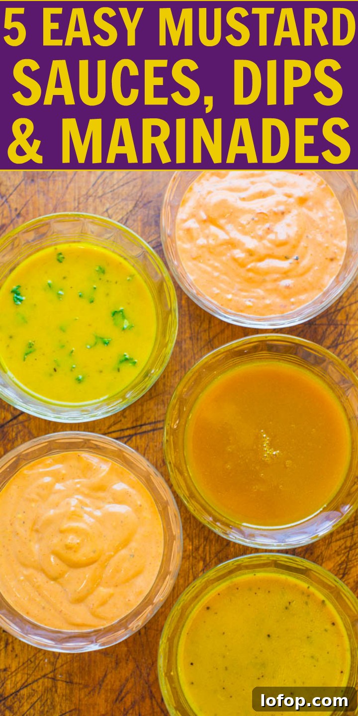 An assortment of five mustard-based sauces, dips, and marinades in clear glass dishes, displayed for easy comparison.