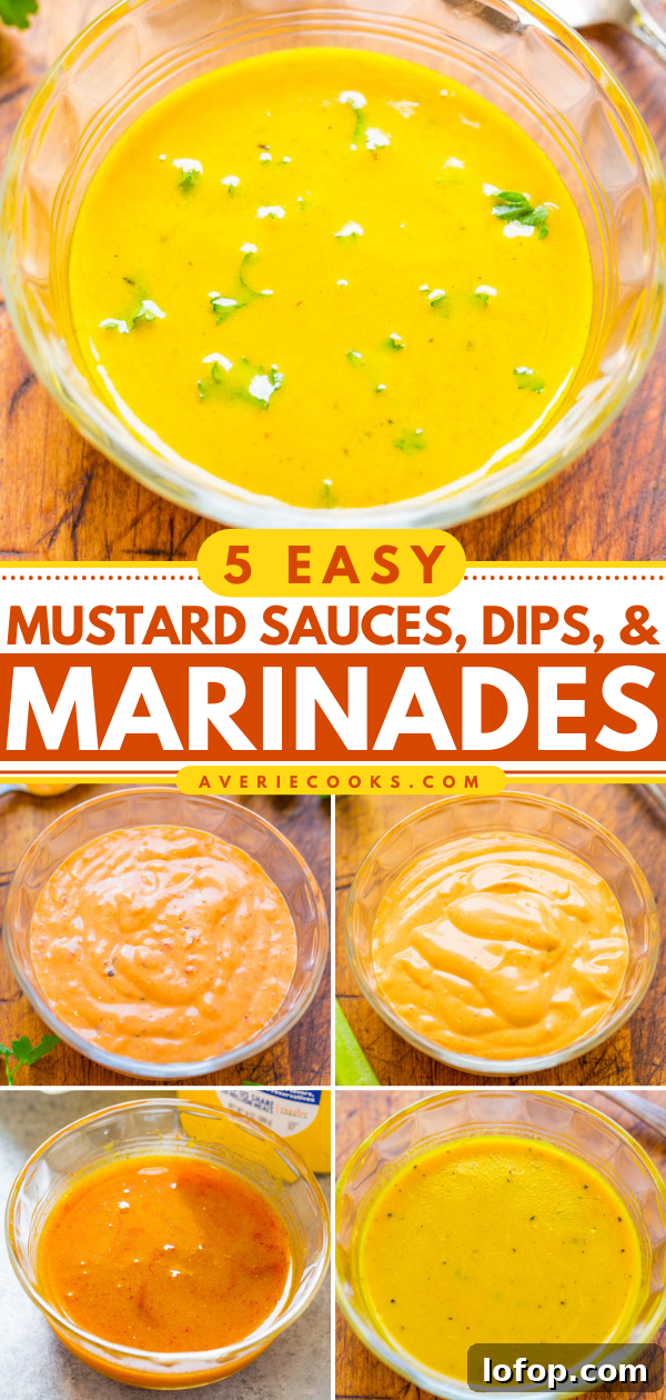 Five small glass bowls filled with different mustard-based sauces, dips, and marinades are arranged on a wood surface with text labeling them as easy recipes.