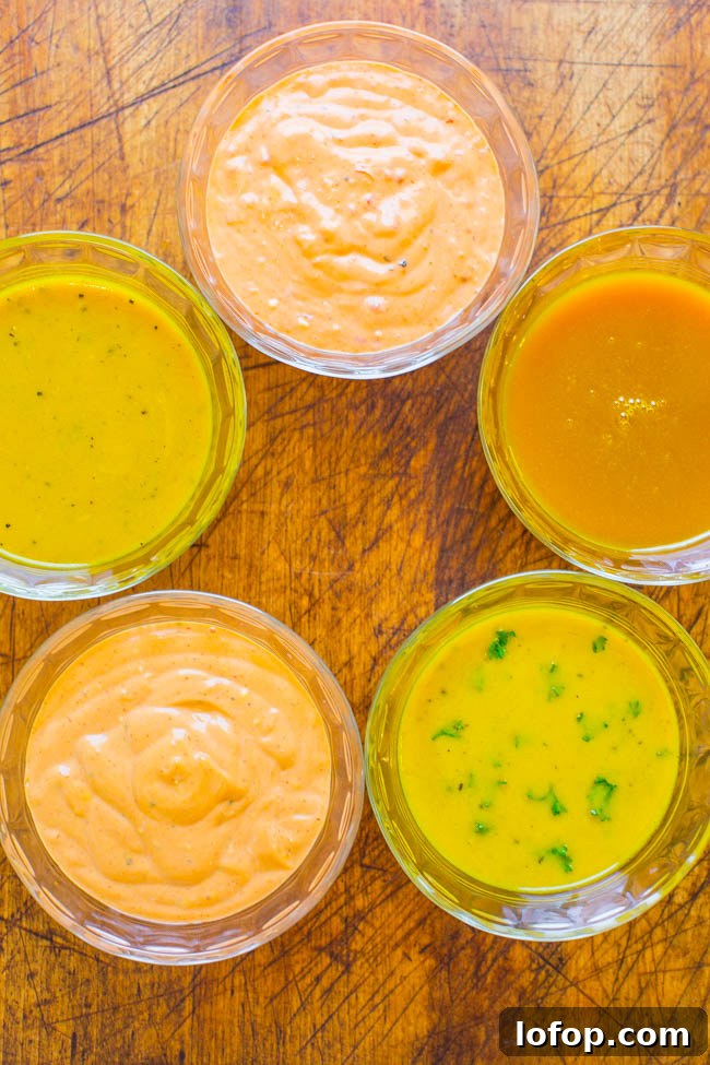 Different types of sauces in glass bowls on a wooden surface.