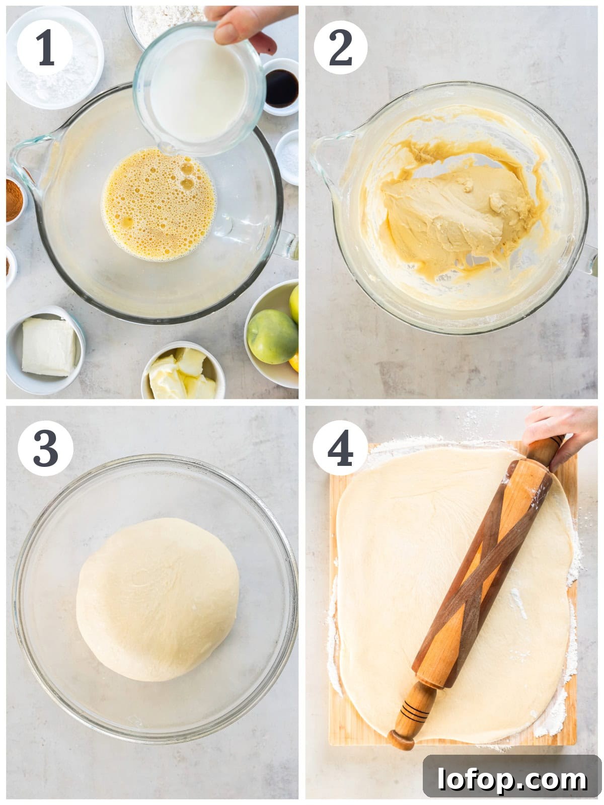 photo collage demonstrating how to make dough for apple cinnamon rolls.